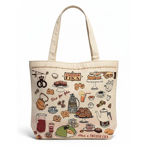 Väska m. dragkedja Swedish fika, m. bälg 46 x 42 cm