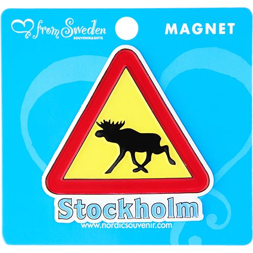 Gummimagnet Älgvarning Stockholm (m backing card)