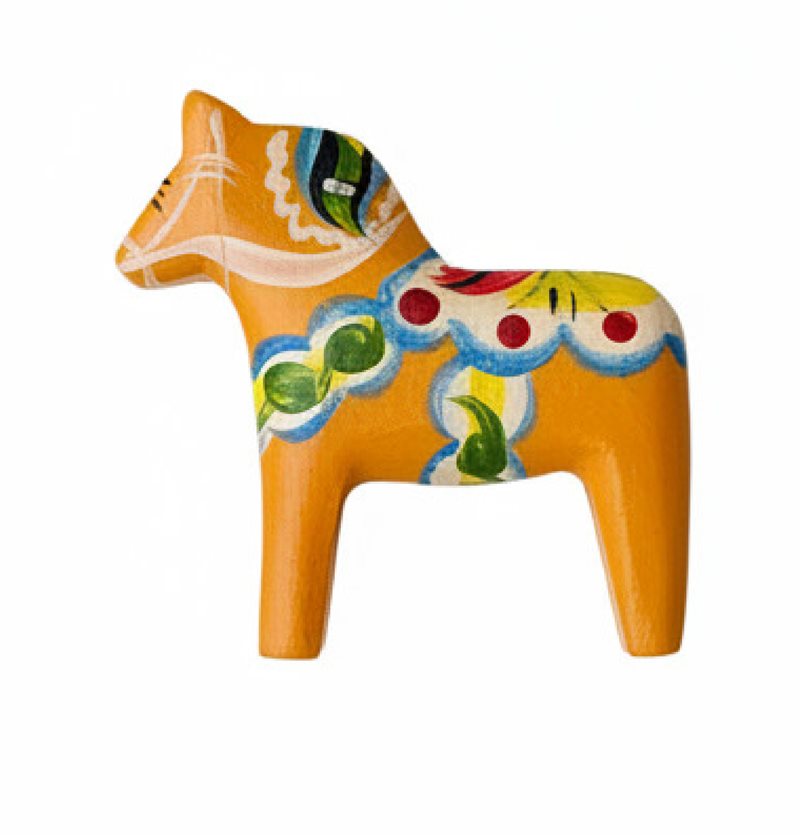 Magnet, Dalahäst, gul, handmålad, trä, 55 mm