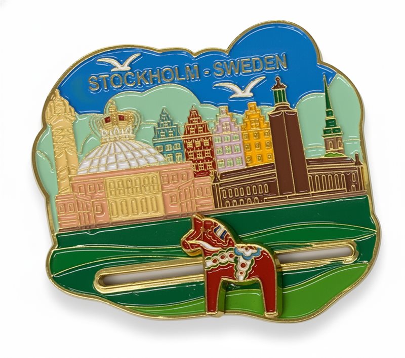 Magnet, stadsvy, Stockholm, rörlig dalahäst 75 mm